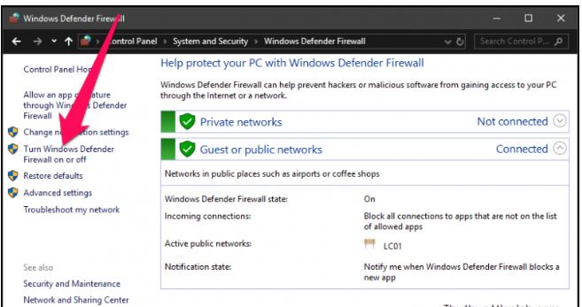 Bước 4: Nhấn chọn Turn Windows Defender Firewall on or off