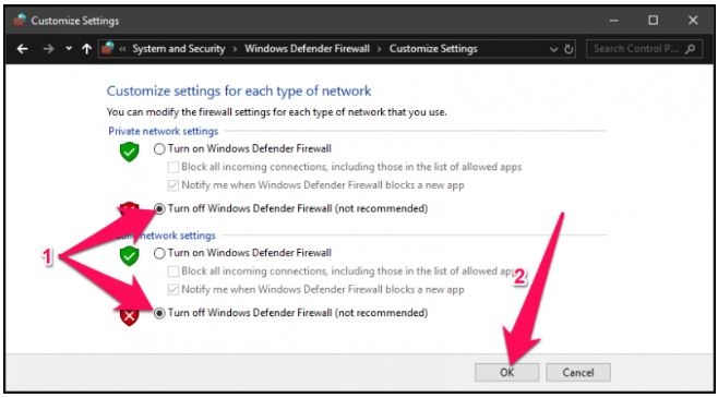 Bước 5: Tích vào Turn off Windows Defender Firewall trong cả 2 phần rồi nhấn nút OK