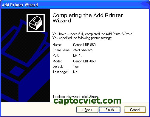 Completing the add printer wizard